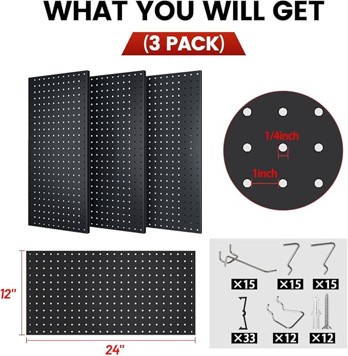 Pegboard, Metal Peg Board, Pegboards Wall Organizer with 57 Pcs Hooks, Sturdy Peg Board for Garage Tool Organization, Home & Office Wall Decoration (Black, 3 Pack)