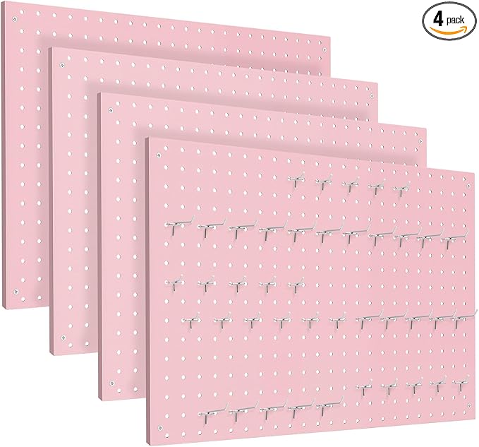 Peg Board, 4 Pack Metal Pegboard Panels Pink Pegboards Wall Organizer with Frame Large Heavy Duty Peg Board with Hooks for Walls Home, Garage Tool Storage, Office, Craft Room, Kitchen 24”×16”