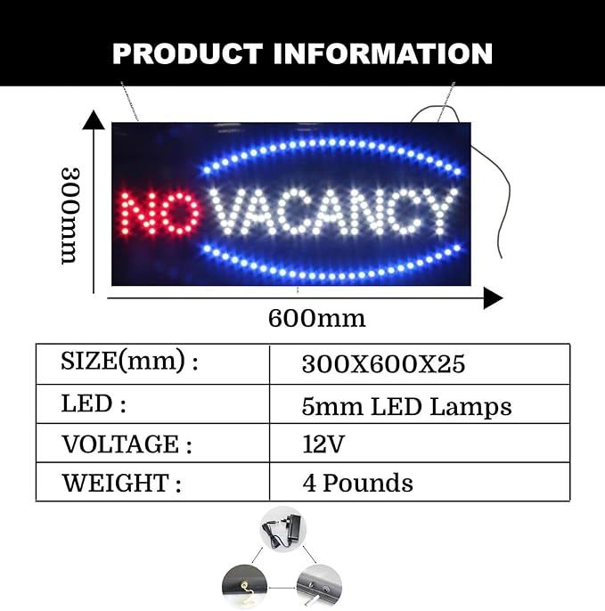 LED Vacancy/No Vacancy Sign for Retail Business Displays | Advertising Electronic Light Up Sign for Windows Walls |12"H x 24"W x 2"D