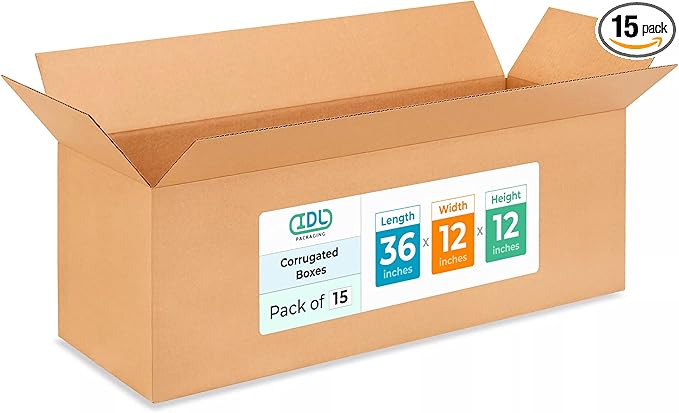 Exrta Large Shipping & Moving Boxes 36"L x 12"W x 12"H (15-Pack) - Extra Strength 200 lb vs Regular - Corrugated Packing Boxes for Moving - Easy-to-Recycle Cardboard Box by IDL Packaging