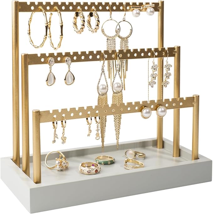 SANY DAYO HOME 3-Tier Earring Holder Organizer Stand, 105 Holes Gold Metal Earring Rack Jewelry Display Tree with Gray Wood Tray for Women and Girls