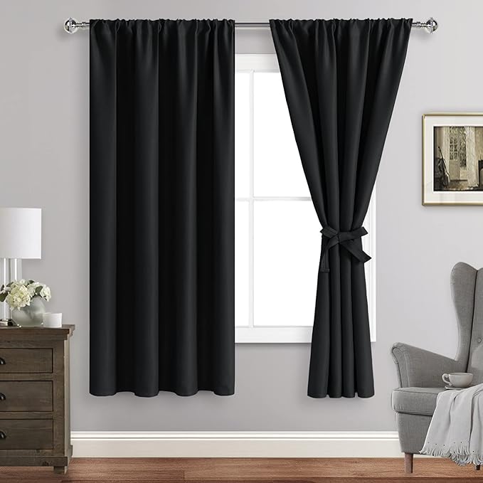 JIUZHEN Blackout Curtains for Bedroom– Thermal Insulated,Noise Reducing Room Darkening Rod Pocket Curtains for Living Room, Set of 2 Panels with Tiebacks, 42 x 72 inch Long, Black