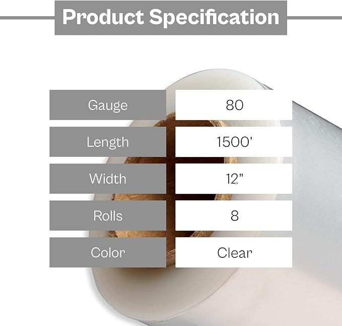 12" x 1500' x 80 Gauge Cast Hand Stretch Wrap Plastic Shrink Film 3” Core - 8 Rolls = 2 Cases