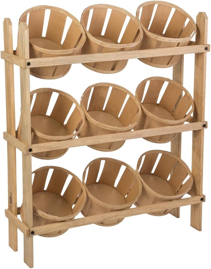 Displays2go Tiered Wooden Display, Floor Standing, 9 Baskets – Oak (PN9BKTOAK)