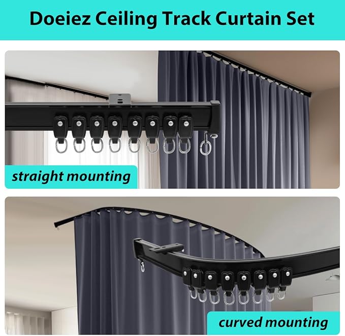 Room Divider Blackout Curtains Flexible Sliding Tracks Sets Ceiling Mounted Rod Window Curtain Privacy Separation for Bedroom Living Rooms,1 Panel Grey Drape and Black Track Set-W180xH72 in