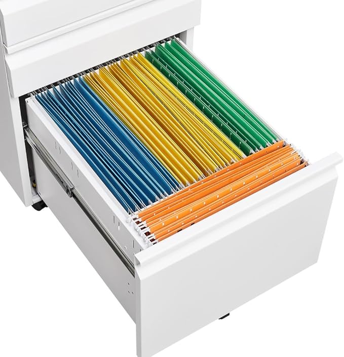 Lispin 3-Drawer Mobile Filing Cabinet with Lock, Office Storage Filing Cabinet of Legal/Letter Size, to be Installation Required (White + Metal + Modern)