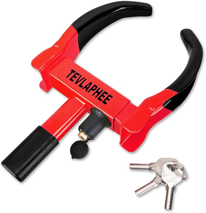 Tevlaphee Universal Wheel Lock Heavy Duty Security Trailer Wheel Lock Anti Theft Wheel Locks for Cars SUV Camper Motorcycle Trailer Great Deterrent Bright Color with 3 Keys (Black-red)