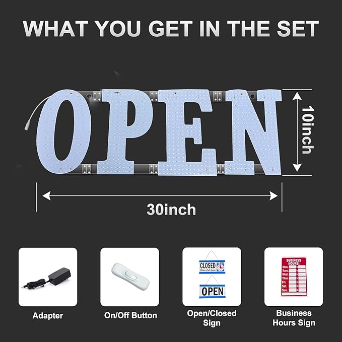 30'' x 10" Large Open Signs for Business, Super Bright LED Open Closed Sign with Hanging Installation, Light Up Sign for Bar Store Restaurant Office Hotel Salon Red&Green&Blue&Yellow