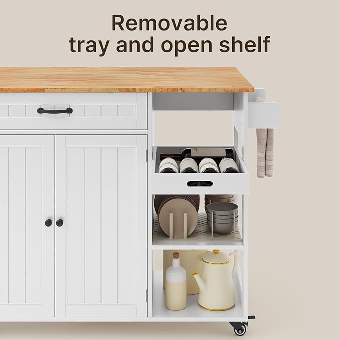 Gizoon Update Kitchen Island, 41.7" W Kitchen Island with Storage, Rolling Island Table on 5 Wheels, with Drop Leaf, Refrigerator Door, Adjustable Shelf, Spice/Towel Rack, Removable Tray, White