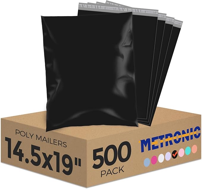 Metronic Black Poly Mailers 14.5x19 Large 500 Pack Self-Seal Shipping Bags, Packaging Envelopes for Small Business, Boutique, Clothing