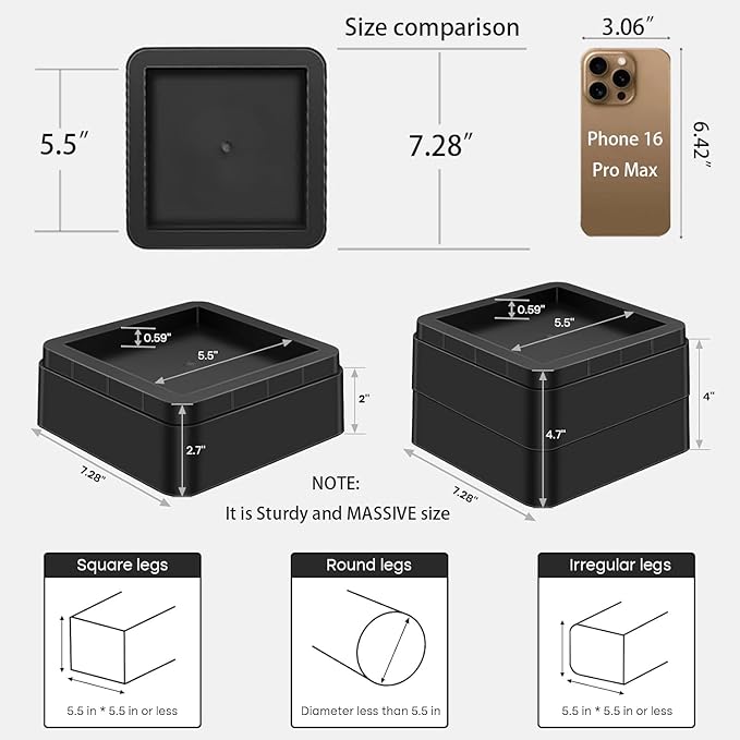 Oversized Heavy Duty Bed Risers & Furniture Risers - Stackable Supports 12000 Lbs,Furniture Lifter/Square Bed Raising Blocks for Sofas, Couches, Desks (Black 4 Pack, Fits Huge 5.5 × 2 inch)