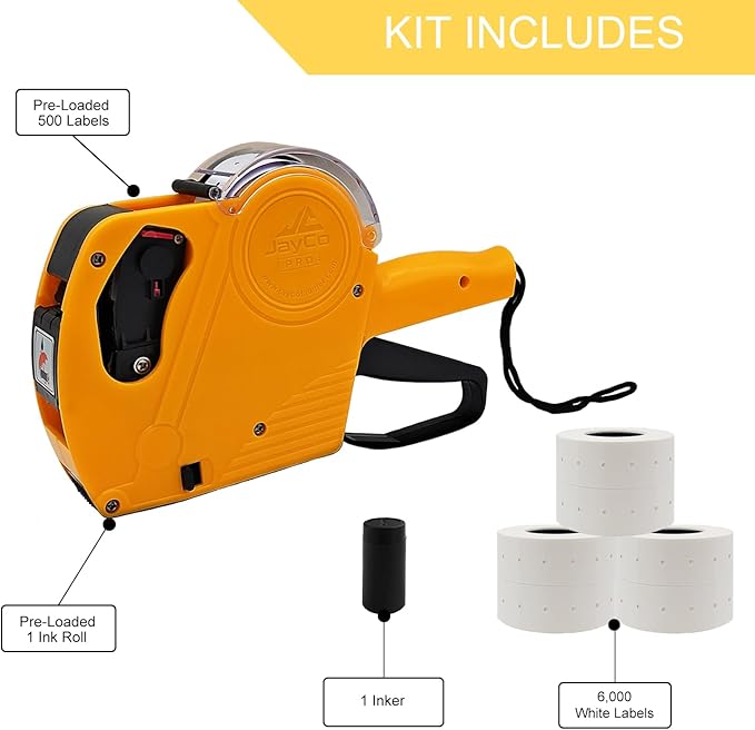 JayCo Pro 1 Line 8 Digits Price Tag Gun Kit - Includes 6,500 White Blank Labels and 1 Pre-Loaded Inker with 1 Ink Refill - for Grocery Store, Retail Shop, Garage Sale