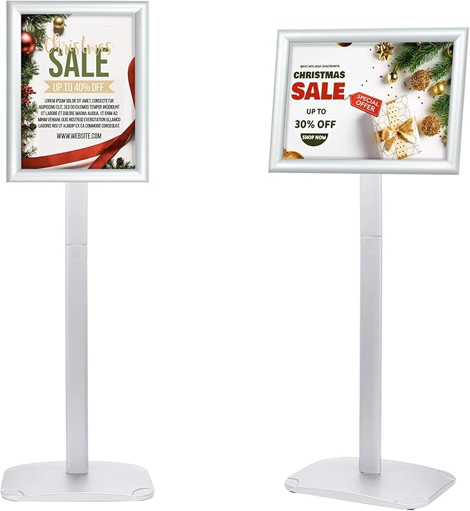Heavy Duty Pedestal Sign Holder for Display, 8.5 x 11 inches Adjustable Floor Standing Sign Holder with Weighted Base , Vertical and Horizontal View Sign Stand for Indoor/Outdoor Advertising，Silver