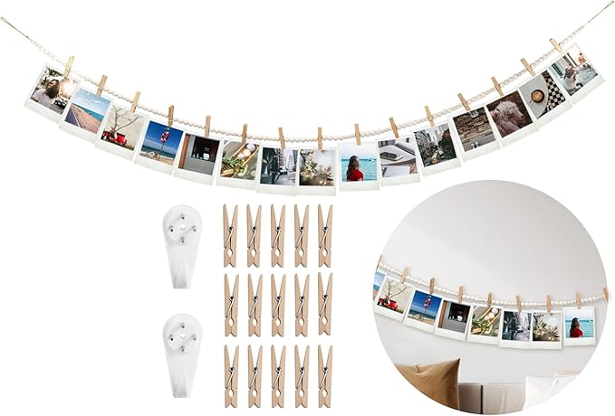Hanging Photo Display Wall Decor with 15 Wood Clips, YuanDe 67 Inches Boho Wooden Bead Garland Collage Picture Frame Photos String DIY, Photo Hanger for Bedroom Office Dorm Room Decor Gifts(1PCS)
