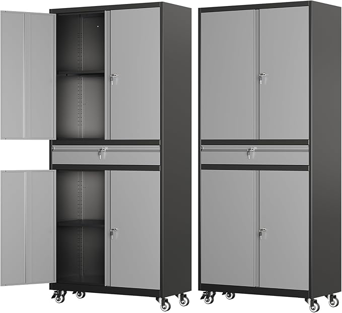 73" Metal Garage Storage Cabinet with Wheels， Rolling Tool Storage with Locking Doors， Adjustable Shelves and Drawer, Heavy Duty Steel Tool Cabinet for Garage, Warehouse, School(Black Grey)