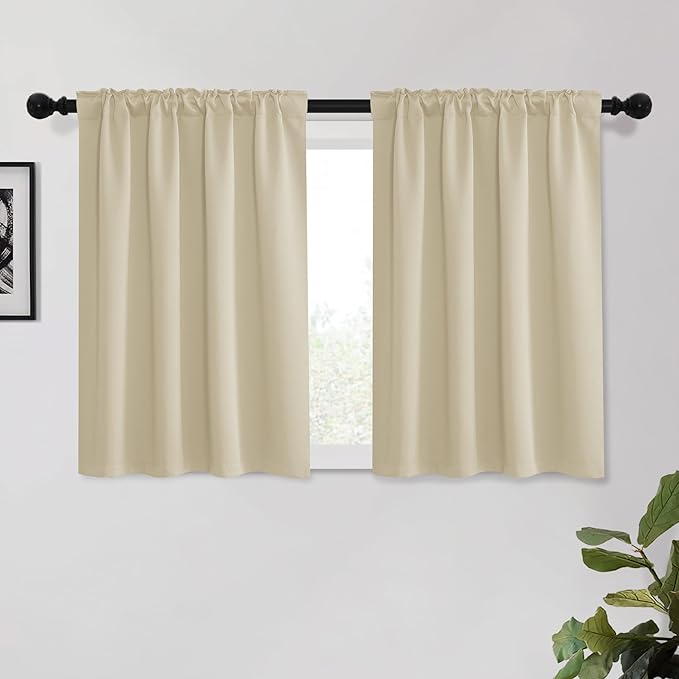 KGORGE 45 inch Curtains for Small Window, Privacy Solid Thermal Insulated Curtains Noise Reducing Window Drapes for Living Room Kitchen, Back Tab Rod Pocket, W52 x L45, Biscotti Beige, 2 Panels