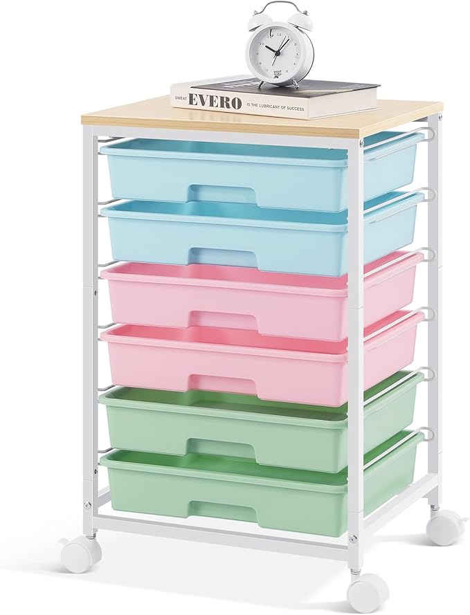 Rolling Cart with Drawers,Utility Cart with 6 Drawers,Rolling Storage Cart with Drawers and Wooden Tabletop & Lockable Wheel,Colorful