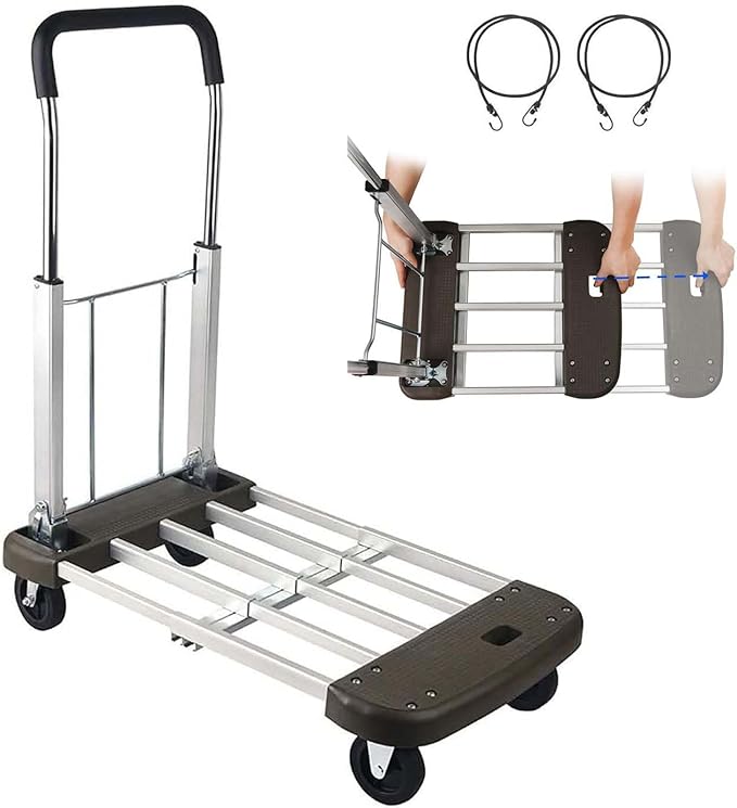 LEADALLWAY Platform Cart Foldable Push Cart Aluminum Adjustable Length Flatbed Cart with Polyurethane Mute Wheel,330-LB Capacity(with 2 Ropes)