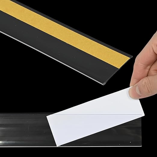 50 Pcs Shelf Label Strips 1.5''H x 48''L Self Adhesive Label Holder with 50 Pcs White Labels, Gondola Price Tag Holder Clear PVC Adhesive Ticket for Metal Wood Plastic Rack (Black)