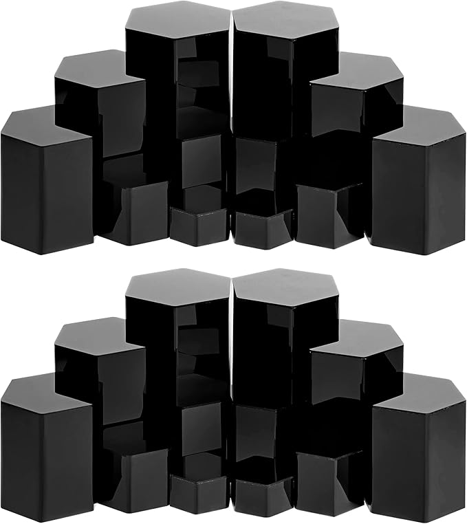 Jetec Hexagonal Jewelry Display Risers Hexagonal Market Display Risers Stands Acrylic Showcase Acrylic Stand for Jewelry Model Figures Decoration, 6 Sizes(Black,24 Pieces)