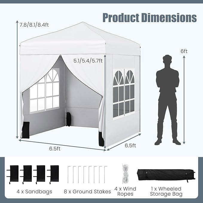 Tangkula 6.5x6.5 FT Pop Up Canopy, UPF50+ Outdoor Canopy Tent with 2 Removable Sidewalls, 2 Zippered Doors, Heavy-Duty Carbon Steel Frame, Wheeled Bag, 4 Sandbags, 8 Stakes, 4 Wind Ropes (White)