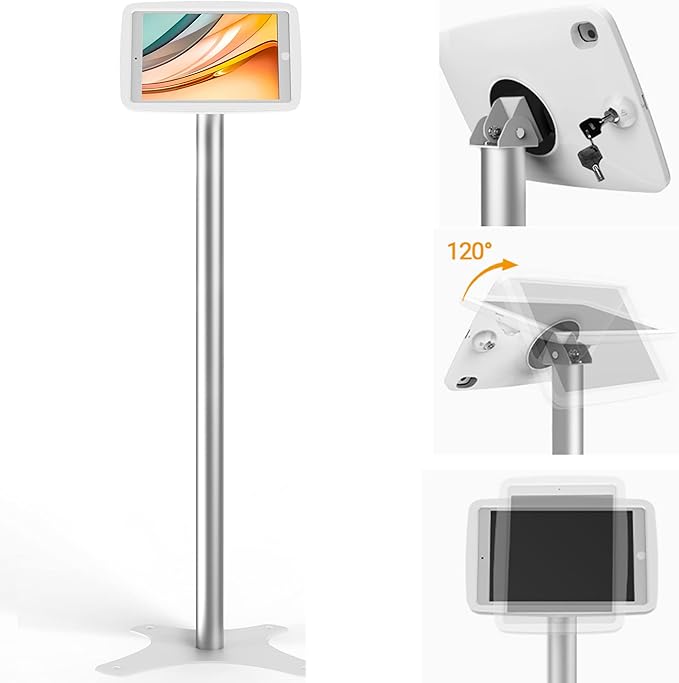 Tablet Kiosk Floor Stand Adjustable - Compatible with 10.2" iPad 7 8 9th, 120 Degree Rotate Lockable Tablet Enclosure+Aluminum Pole+Metal Base