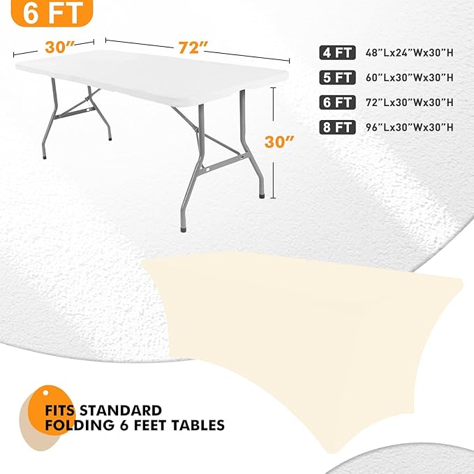 2 Pack 6 Ft Beige Spandex Table Cover Fitted Rectangular Tablecloth Stretchable Fabric Table Cloth 6 ft Wrinkle-Free for Party Tradeshows Banquet Weddings Cocktail