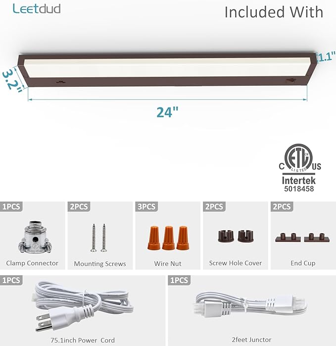 LED Under Cabinet Lighting Hardwired or Plug in, 24 Inch 12W, Dimmable 5 Color 2700K/3000K/3500K/4000K/5000K, Linkable Eyes Care Design Counter Lights for Kitchen, Sink, ETL Listed, Bronze