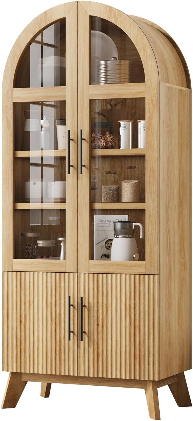 71" Modern Fluted Display Cabinet with Glass Door, Arched Curio Cabinet with Adjustable Shelf, Bookcase for Collectibles Books, Storage Cabinet for Living Room, Dining Room, Natural Oak