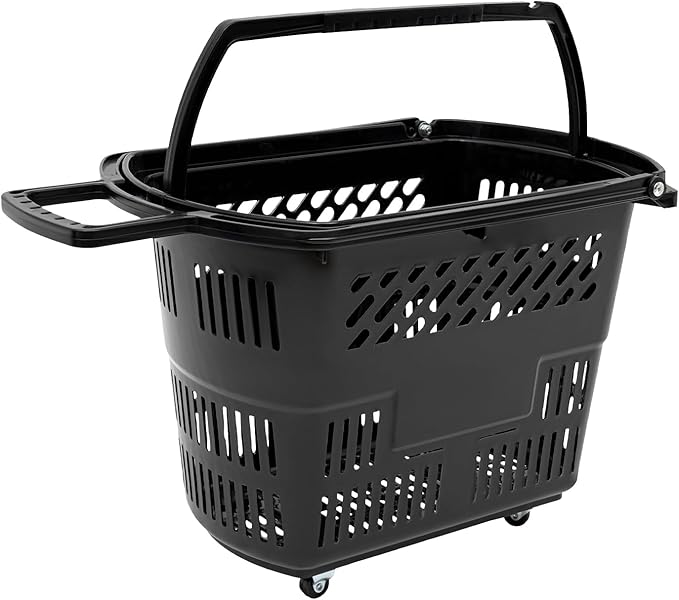 6PCS Plastic Shopping Basket with Handles & Wheels, 35L Rolling Shopping Carts, Grocery Basket with 4 Wheels and Handle, Portable Shopping Basket for Retail Stores, Supermarkets (6PCS - Black)
