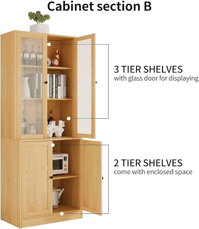 TUSY 71" H Bookshelf Bookcase with Doors, 3-Tier Modern Bookshelves with 3 Large Drawer, Display Bookcase with Glass Doors, Modern 5-Tier Curio Cabinet for Home Office, Dining Room (Wood, ABBA)