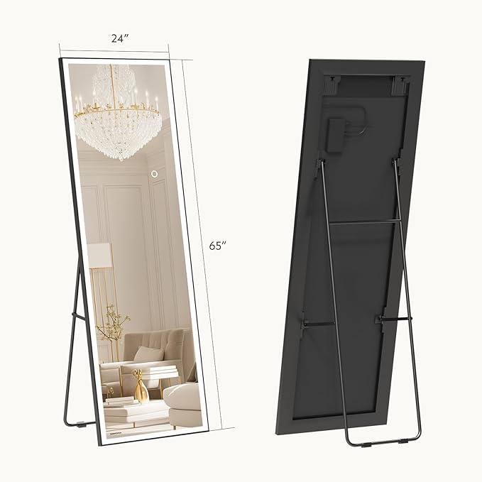 Kosmonia 65x24 Full Length Mirror, Dimmable 3 Color LED Light w/Light Memory, Distortion Free Silver Coating Mirror, HD Reflection &Anti Desilvering,Tempered Glass &Shatter Proof Film Doubles Safety