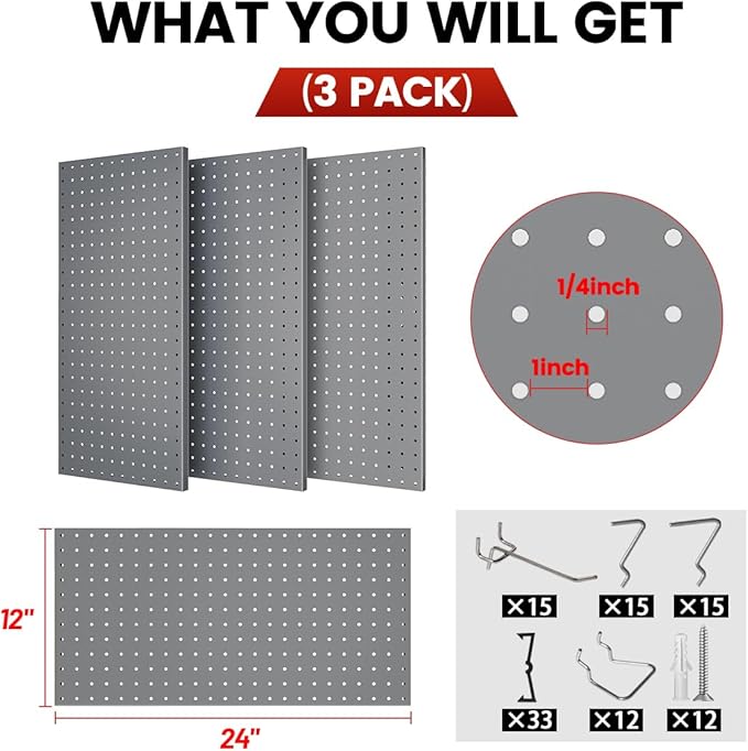 Pegboard, Metal Peg Board, Pegboards Wall Organizer with 57 Pcs Hooks, Sturdy Peg Board for Garage Tool Organization, Home & Office Wall Decoration (Grey, 3 Pack)