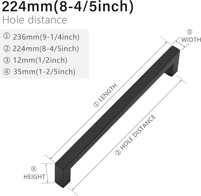 Cabinet Pulls Matte Black Cabinet Handles Square Drawer Pulls, 20 Pack 8-4/5 Inch Stainless Steel Kitchen Door Cupboard Cabinet Handles, Drawer Hardware Handles, 224mm Hole Centers