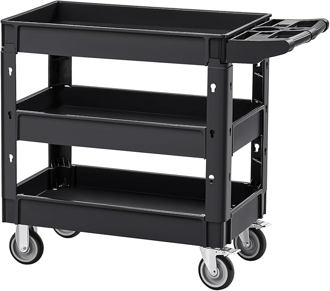VEVOR Utility Cart, 3-Tier Plastic Service Cart with 550LBS Capacity, 360° Swivel Casters (Including 2 Locking Wheels), Medium Lipped Shelves, Ergonomic Handle, for Garage, Warehouse, Cleaning Tasks