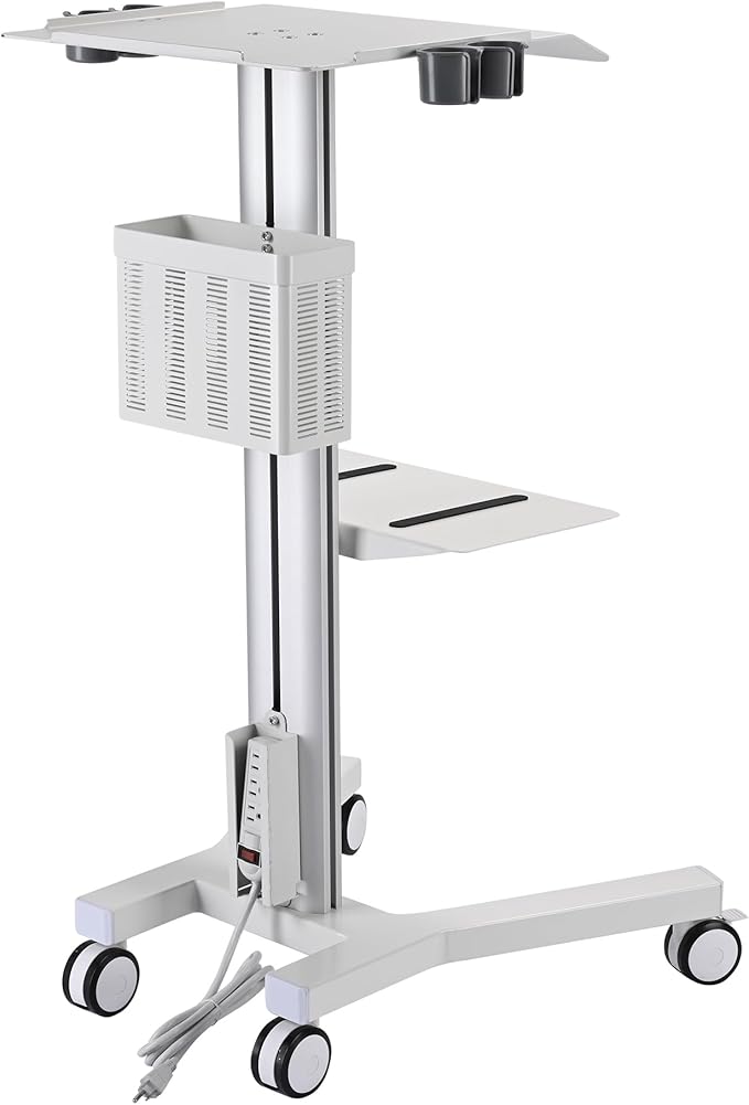 AW Medical Mobile Laptop Cart Rolling PC Stand Ultrasound Imaging Cart Computer Workstation on Wheels with Handle 220 Lbs Capacity CPU Printer Power Strip Holder for Dentistry Clinic Lap Hospital