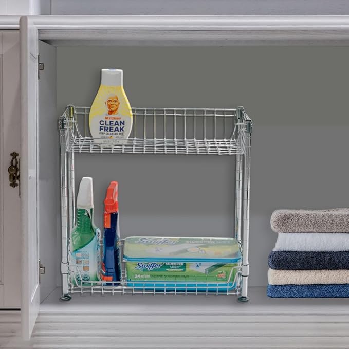 Shelving Inc. 8" d x 18" w x 18" h 2-Tier Chrome Wire Basket Rack, Standard Duty, Weight Capacity 65 lbs Per Shelf
