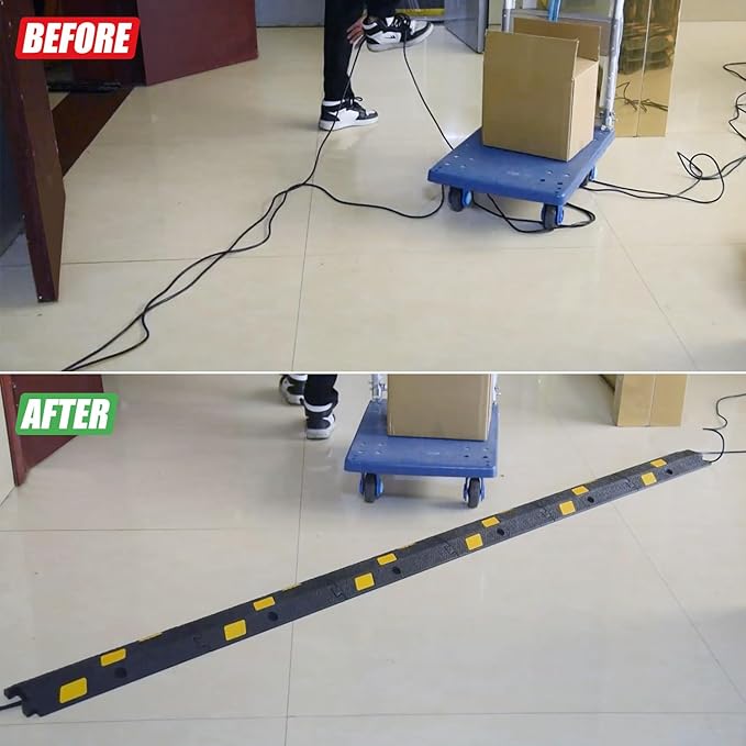 6 Pack 1-Channel Rubber Cable Protector Ramp, 17" x 6" x 1.3" inch Interlocking Floor Wire Cord Cable Cover, Visible at Night, Durable Rubber Speed Bump Hump Ramp (1-Channel 6 Pack)