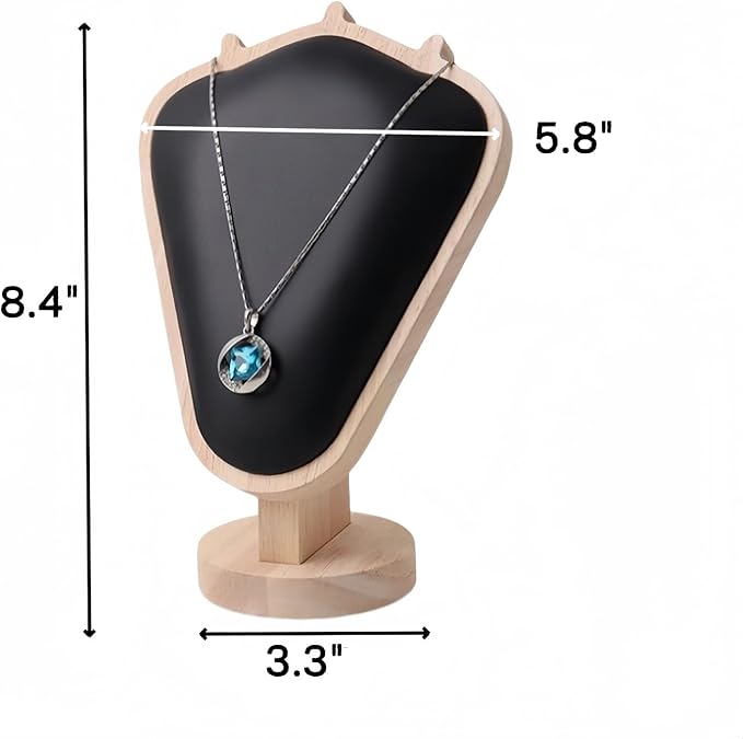 Natural Body Wood Necklace Display Stand with Black Leather Soft Mat Necklace Holder Organizer Desktop Stand for Home Store Dresser-3.3"x5.8"x8.4"