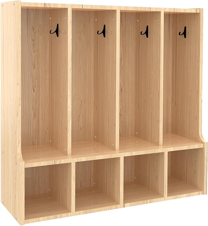 TONGMO Kid's Coat Locker with Bench - 4-Section Toddler-Sized Natural Kids Furniture for Organized Storage (4-Section)