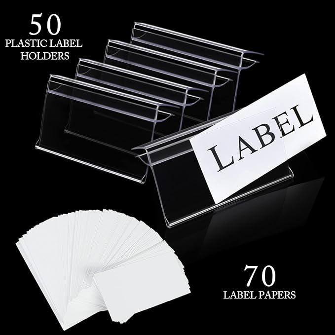Glass Shelf Label Holders 50 pcs with Inserts Fits 1/4" to 3/8" Glass Shelving