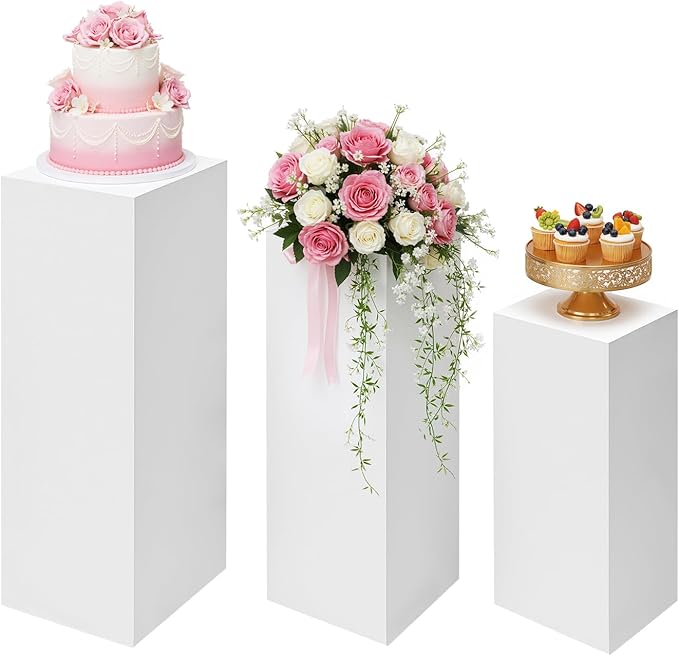 3PCS Metal Square Display Pedestal Stand for Parties White Square Tall Pedestal Cake Stands Pillars for Wedding Sturdy Pedestals Display Dessert Table Sculpture Display Stand Column Decoration