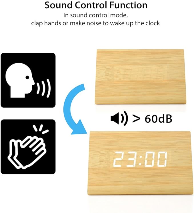 OCT17 Wooden Wood Clock, New Version LED Alarm Digital Desk Clock Adjustable Brightness, Alarm Time, Displays Time Date Temperature - Bamboo