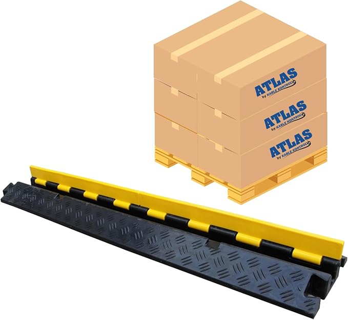 Kable Kontrol Atlas Heavy Duty Cable Protector Ramp - 1 Channel Bulk Wholesale Pallet - 70 Pcs - 39" Long Black & Yellow - 24,000 Lbs Capacity - Rubber Speed Bump Wire Protector Cord Cover - CP9896