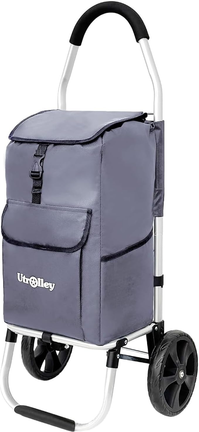 Ultra-Lightweight Gray Foldable Shopping Cart for Groceries Large 42L Capacity Rubber Wheels, Removable Insulated Bag Liner, Durable Aluminum Frame, Multi-Function Personal Hand Truck