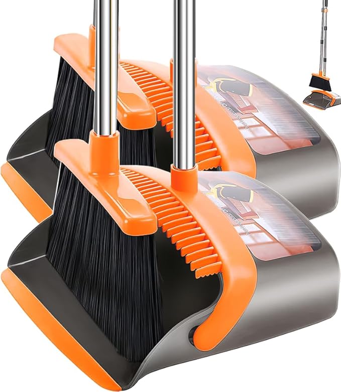 2-Pack is More economical，Upgraded Upright Broom and Dustpan Combo with 52" Long Handle, Dustpan Teeth with self-Cleaning Function, Indoor and Outdoor Sweeping, Perfect for Home Office.