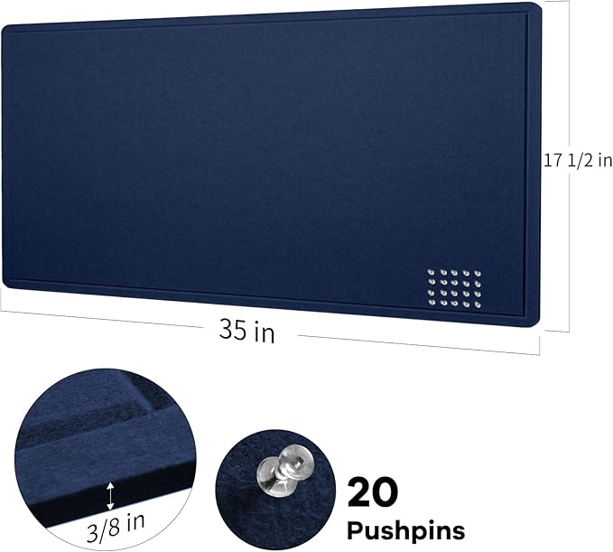 Bulletin Board, 35 x 17 1/2 inches Felt Board - Decorative Pin Board, Cork Board Alternative for Wall, Foldable Self-Adhesive Vision Board Prayer Board with 20 Pushpins Dark Blue