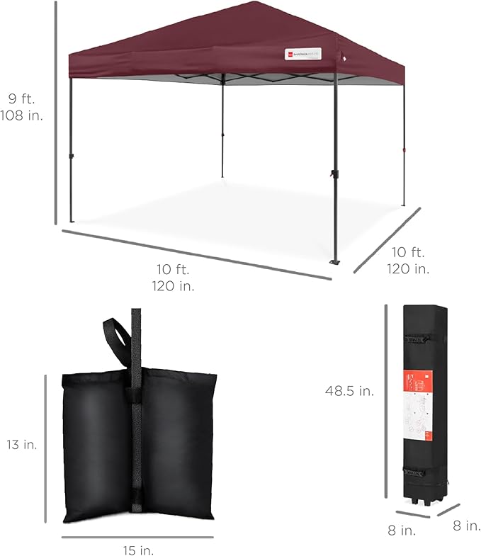Best Choice Products 10x10ft 1-Person Setup Pop Up Canopy Tent Instant Portable Shelter w/ 1-Button Push, Case, 4 Weight Bags - Burgundy