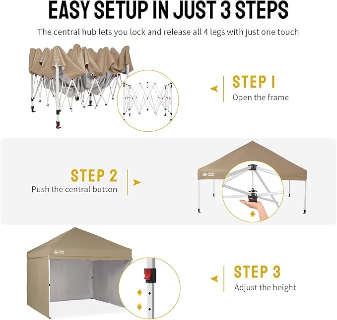 CROWN SHADES 10X10 Comercial Instant Canopy Pop Up Tent with Center Lock, 300D Fabric, 4 Sidewalls, Sto'N Go Bag, Beige