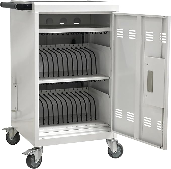 32 Devices Laptop Charging Cart with Password Lock,Tablet Storage Carts for Pad Up to 16.3" Screen,Classroom Computer Mobile Charging Station for Pads,Chromebooks,Laptops(White - Password Lock)